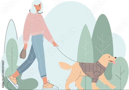 Girl walking dog flat illustration, stylish fall clothing, cute golden retriever outdoor vector