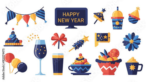 Celebration and festive atmosphere showcased through colorful new year decorations and desserts