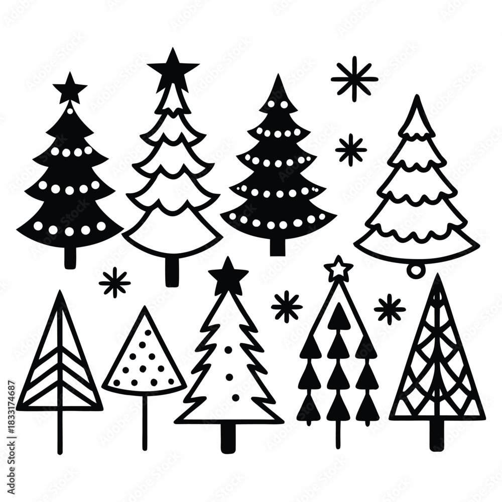 Obraz premium Festive Christmas tree icons for holiday designs and winter season greetings create cheerful DIY invites, crafts, and decor