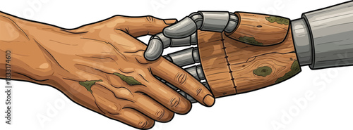 Human Hand Shaking Rustic Wooden Robot Hand: Future Technology Collaboration Partnership Vector Illustration