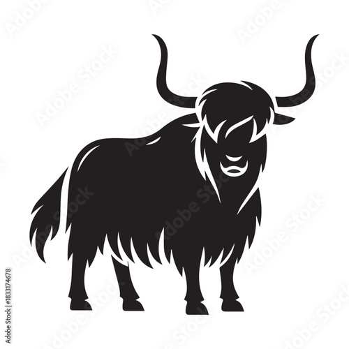 Black silhouette illustration of a yak facing forward, with shaggy fur, curved horns, and tufted tail.