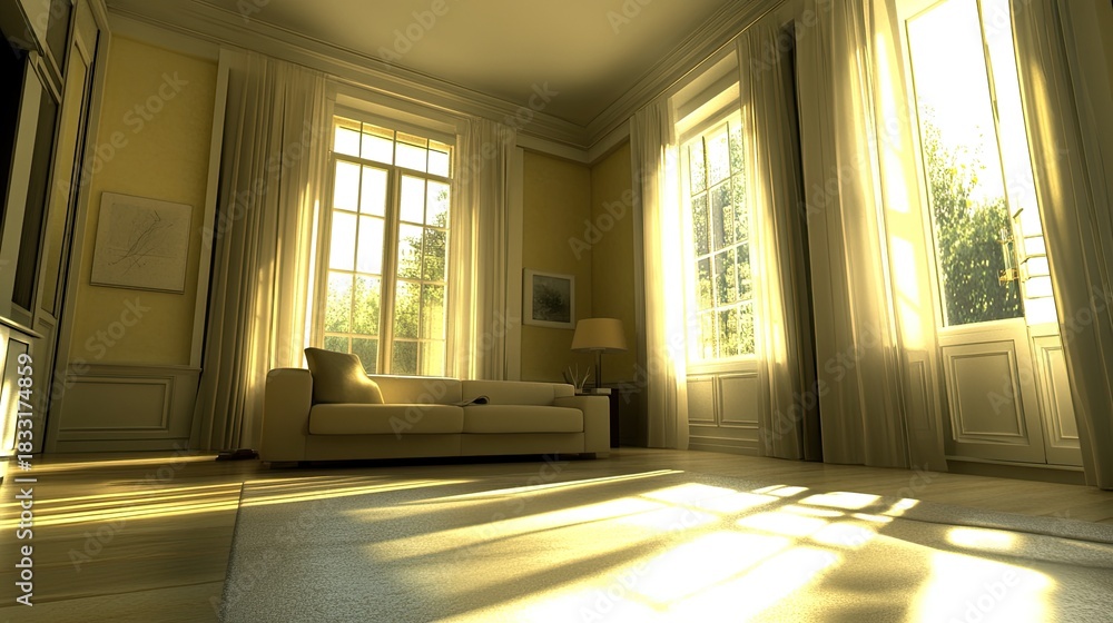 Fototapeta premium Sun-Drenched Living Room: Serene Interior with Golden Light and Elegant Furnishings