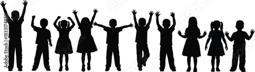 Children silhouette illustration, joyful kids, raised arms, black and white contrast, group celebration, youth energy, playful pose, diverse children, happy moment, childhood unity