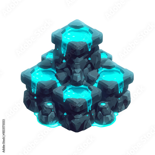 Stylized magical energy source structure with glowing fluid on a dark backdrop