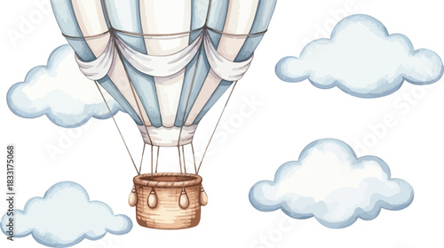 Cute Cartoon Hot Air Balloon Journey with Fluffy Clouds Digital Vector Design
