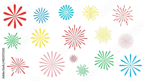 Vibrant fireworks on a white background create a festive atmosphere for celebrations