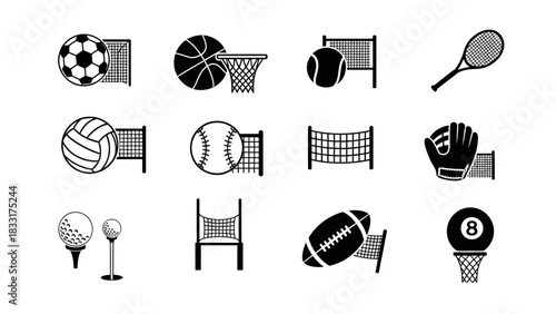 A diverse set of sports equipment icons arranged in a clean and organized layout
