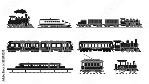 Diverse black and white vector illustration showcasing a variety of train models for design