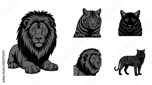 Various Monochrome Lions and Tigers Illustration with Detailed Textures and Features