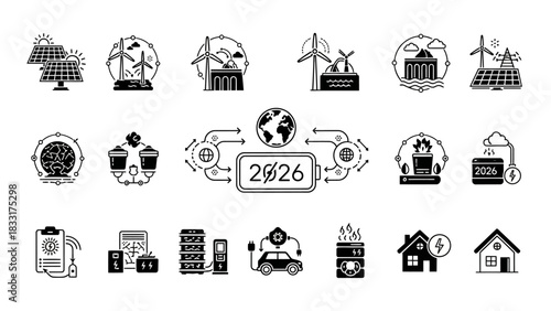 Monochrome vector illustration of renewable energy sources and environmental sustainability icons