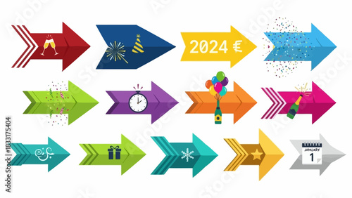 Festive New Year 2024 Arrow Set Representing Celebration and Progression Icons Collection
