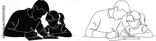 Father teaching daughter handwriting in silhouette and outline illustration
