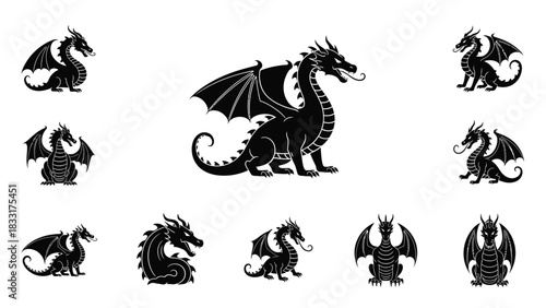 Variety of black dragon silhouettes on white background for fantasy themes and design elements