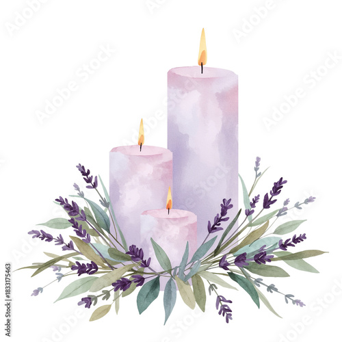 Watercolor lavender serenity: Three softly glowing candles amid floral sprigs of tranquility