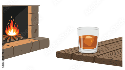 Warm drink by a cozy fireplace, a relaxing evening at home with a whiskey on the rocks by the fire, enjoy the peace