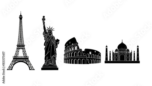 Iconic world landmarks silhouette collection: Eiffel Tower, Statue of Liberty, Colosseum, Taj Mahal