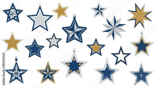 A Festive Assortment of Star-Shaped Ornaments in Blue Gold and Silver Tones for Holiday Cheer