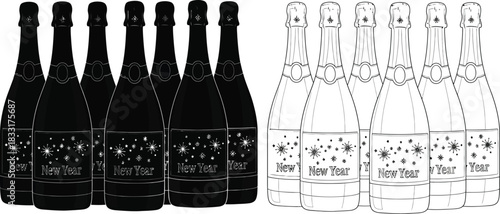 New Year champagne bottles are set in silhouette and outline a festive celebration design.