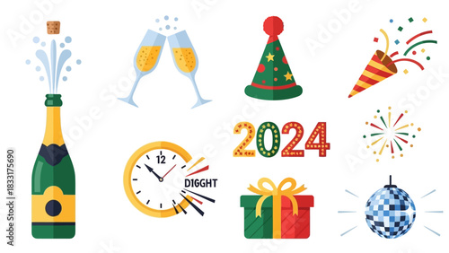 Festive New Year 2024 Celebration Icons Illustration with Champagne and Party Elements