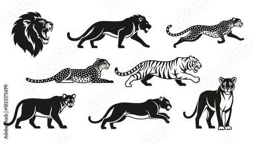 Monochrome vector illustrations depicting majestic wild cat species in dynamic poses