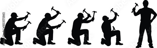 Silhouette construction worker hammering in multiple poses, labor industry illustration, building trades concept, manual work sequence artwork