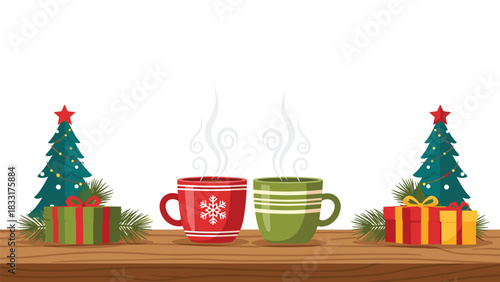 Enjoy festive Christmas cheer with steaming hot drinks, charming trees, and delightful gifts on rustic wooden table top