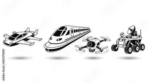 Futuristic Transportation Vehicles and Spaceship Technologies in Black and White Line Art