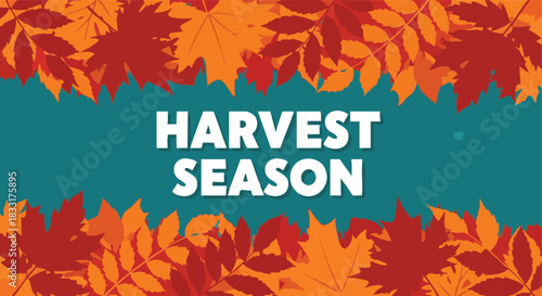 Harvest Season text with vibrant autumn leaves on a teal background creating a cheerful seasonal banner design