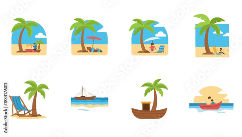 Collection of adorable and appealing summer beach cartoon icons featuring tropical scenes and