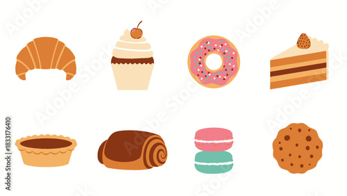 Delicious pastries and sweets assortment collection, bakery vector illustration of tasty desserts