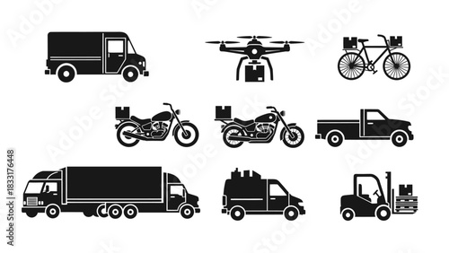 Diverse Delivery Methods Illustration Featuring Truck, Drone, and Bicycle Transporting Packages