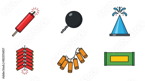 Vector illustration showing a collection of colorful firework designs and pyrotechnic symbols for