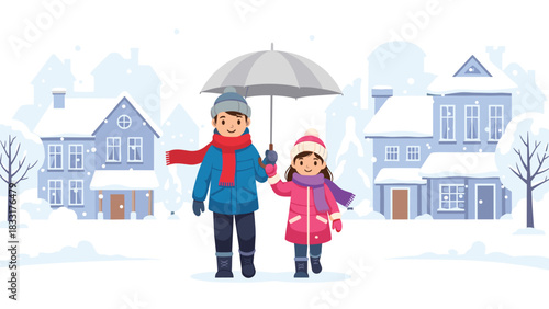 Brother and sister enjoy a snowy day walk under an umbrella in a charming winter village setting perfect for family promotions