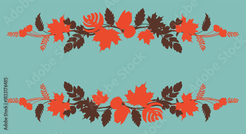 Stylized autumn foliage border design with earthy tones on a serene teal backdrop for graphic content creation