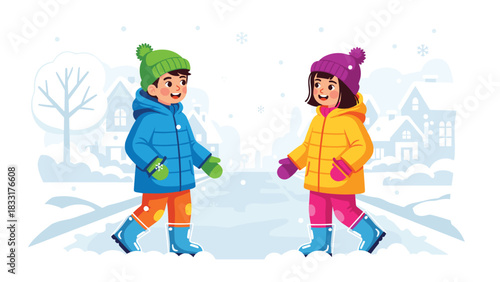 Adorable children enjoying a snowy winter walk together, bundled up warmly in colorful coats and hats, creating joyful memories