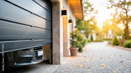 electric garage door lifting upward and exposing the front of a parked car at the entrance of a residential garage during a sunny day