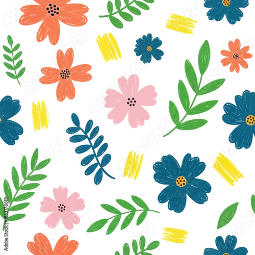 Whimsical floral pattern with colorful flowers and leaves for spring designs, perfect for textiles