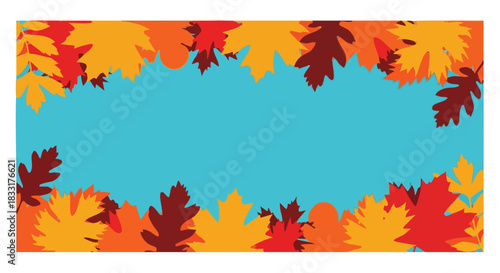 Colorful autumn leaves framing a vibrant blue background for seasonal decorative design elements and graphic assets