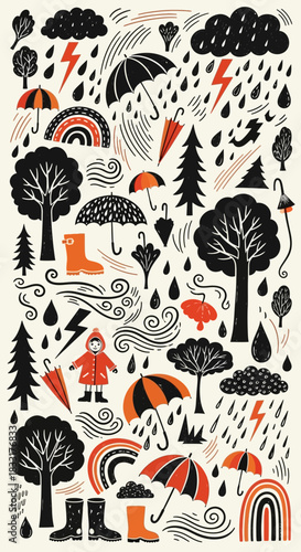 Whimsical rainy day pattern with umbrellas, rainbows, and raincoats for children's designs and cozy vibes