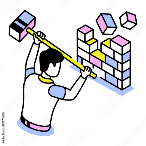 An isometric style icon depicting breaking barriers