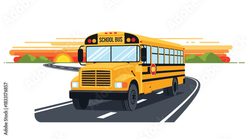Classic yellow school bus driving toward adventure at sunset ready for back to school campaigns and transportation concepts