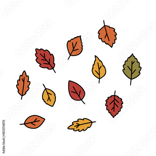 Scattered Autumn Leaves in Various Warm Colors on a Dark Background Isolated Elements