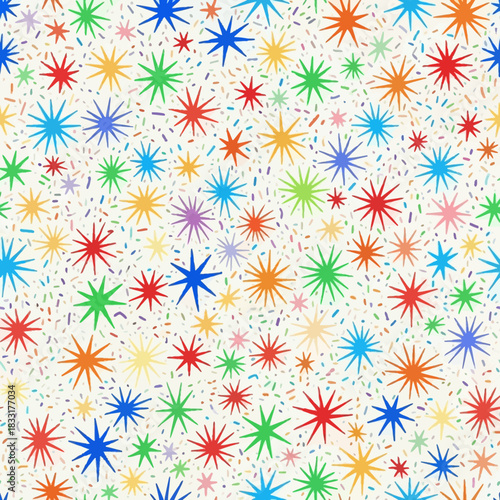 Vibrant burst of colorful stars seamless pattern radiating cheerful energy for joyful designs and festive themes