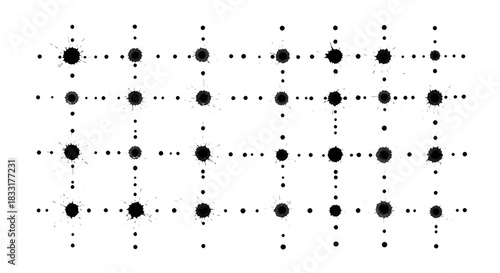 Abstract black ink splatter grid on white creates modern, dynamic background for creative projects
