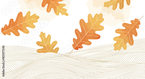 Autumn oak leaves gracefully falling onto a textured landscape background in warm autumnal hues