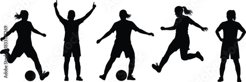 Silhouette female soccer player action poses, football athlete illustration, sports movement concept, dynamic kicking and celebration artwork