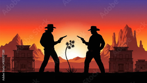 Two cowboys facing off in a duel at sunset with saloons and desert landscape in the background scene
