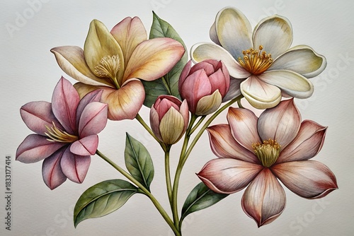 Delicate watercolor painting of a floral arrangement with soft hues