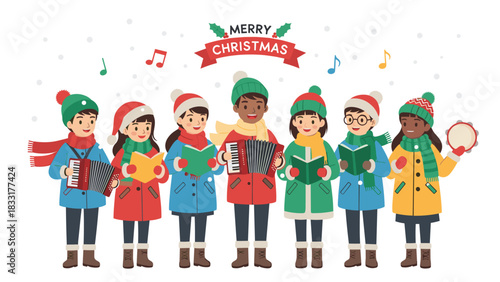 Cheerful children singing Christmas carols wearing winter hats and scarves spreading holiday joy and festive cheer with musical instruments