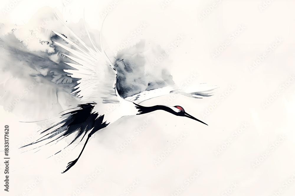 Fototapeta premium 大きく翼を広げて飛ぶ鶴を柔らかな筆致で描いた構図